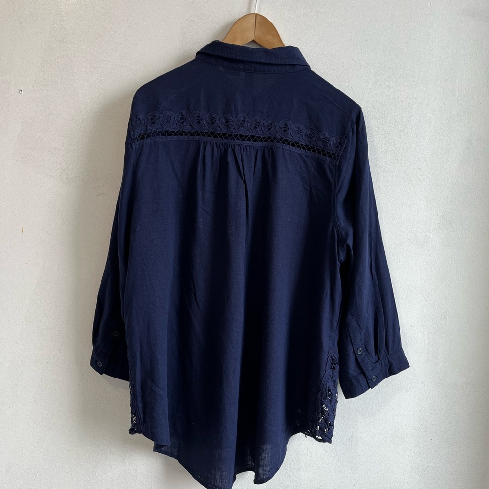 Penningtons Navy Linen Blend Blouse with Lace Hem - Picture 4 of 16